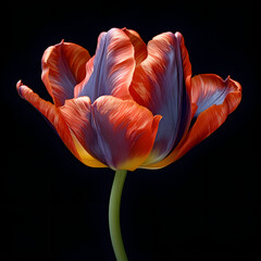 Bold orange strokes adorn a delicate tulip, captured in an artistic portrait that showcases nature's perfection in an isolated, elegant bloom. Stunning in full bloom. 