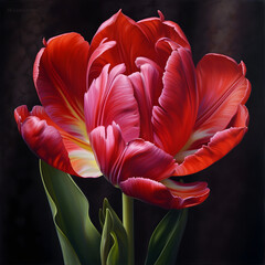 Vibrant red tulip with delicate white streaks unfolds with drama and fiery passion against a dark, mysterious backdrop. Essence of passion and contrast. 