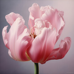 Delicate pink tulip petals unfurl in soft light, symbolizing grace and beauty in an elegant, serene close-up against a muted backdrop. A symbol of tender love. 