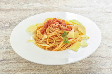 Italian pasta Spaghetti bolognese with parmesan