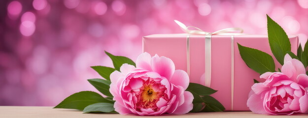 Peonies and Gift Box on Wooden Table