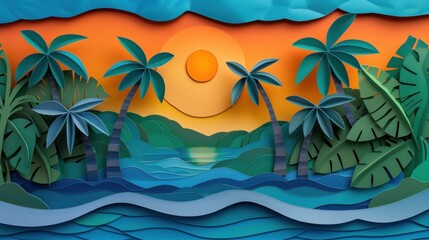 Fototapeta na wymiar Tropical Sunset Through Papercut Layers