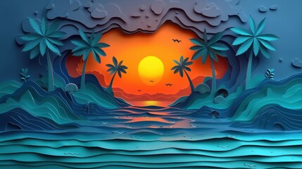 Obraz na płótnie Canvas Tropical Sunset Through Papercut Layers