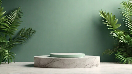 Fototapeta na wymiar White marble stone pedestal, simple round stand with green tropical plants around. Product presentation concept.