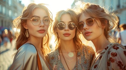 Fototapeta premium Women fashionistas diverse photo models in stylish clothes, chic beige and gold shiny festive dresses, with glasses are standing on city street at fashion week, sunset lighting