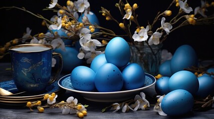 Traditional Easter colored eggs. The table is set for the holiday in blue tones. napkin and plate with treats.