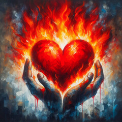 Red heart in the hands of a man, painted in oil.