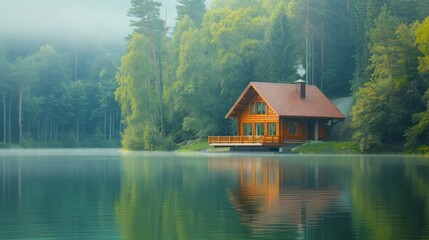 Beautiful natural background with a house on a lake