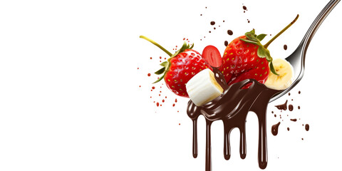 delicious chocolate-covered treat, strawberries, marshmallows and banana slices, on a white background.