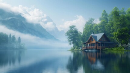 Fototapeta na wymiar Beautiful natural background with a house on a lake