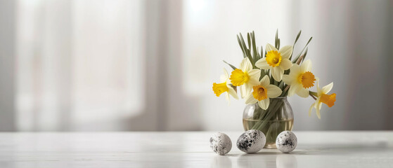 Cute bouquet of daffodils and spotted Easter eggs on a table, bright background, Easter banner with copy space 