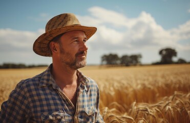 Fototapeta premium farmer in a wheat field standing at the edge of a field.