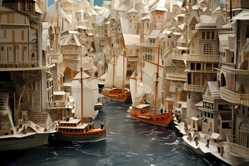 A paper art interpretation of a bustling harbor, with finely cut ships, docks, and bustling activity creating a dynamic maritime scene.
