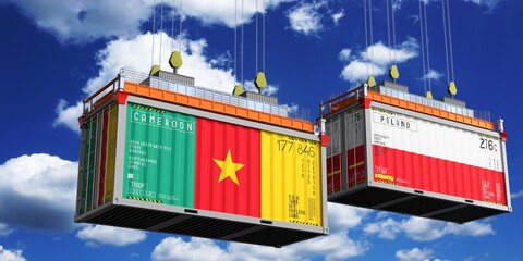 Shipping containers with flags of Cameroon and Poland - 3D illustration
