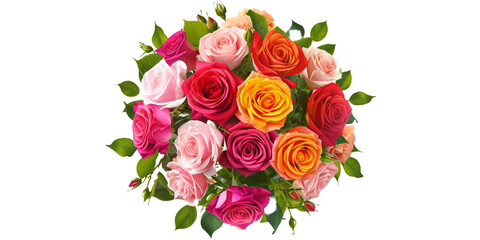 top down view of a luxurious bouquet of roses of different shades, composition on a white background