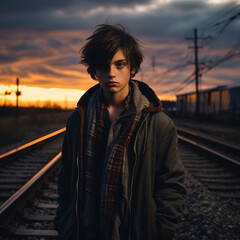 Obraz premium Sunset Solitude: A Young Boy's Moment on the Railway
