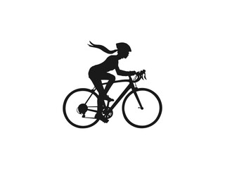 Female Cyclist Silhouette icon. A set of bicyclists riding bikes and wearing a safety helmet in silhouette. Hand drawn vector illustration. Flat vector illustration isolated on white background.