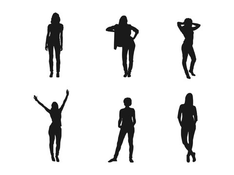 woman standing silhouettes set. Vector silhouette woman standing, people, black color. Vector drawing of a collection of silhouettes of men and women. vector illustration isolated on white background.