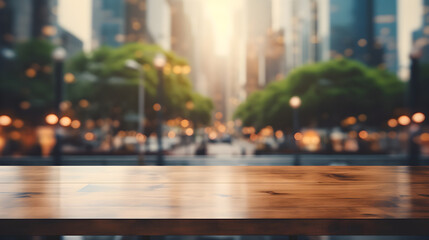 Empty wood table top and blur glass window wall blur city