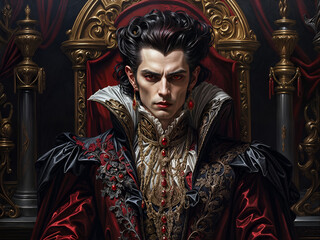 Obraz premium A vampire with dark hair and a rich red and black robe sits on a throne.