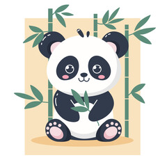 Panda has bamboo. A vector image. Print for T-shirts. A poster or sticker. Black and White Chinese Bear