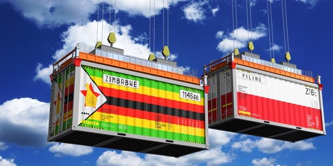 Shipping containers with flags of Zimbabwe and Poland - 3D illustration