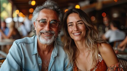 Happy mature couple in a restaurant, a portrait of beautiful people enjoying
