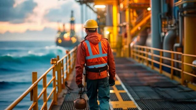 Close-up of an Offshore oil rig worker walking to an oil and gas facility to work in the process area 