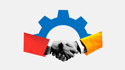 Contemporary art collage. Hands with half of mechanical gears symbolizing performance of duties as agreed upon from beginning of engagement. Concept of teamwork, business cooperation, partnership. Ad