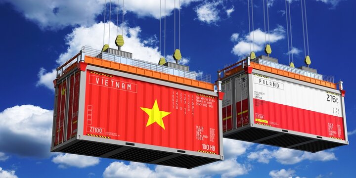 Shipping containers with flags of Vietnam and Poland - 3D illustration