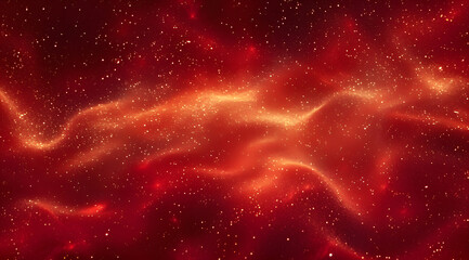 Whirling Gold Particles in Red Fluid. Magical waves of golden glittering particles in different shades of red liquid with depth of sharpness. Galaxy of countless golden dust particles. - obrazy, fototapety, plakaty