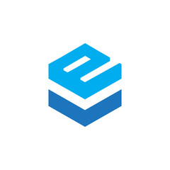 this is a geometric logo in hexagonal shape of letter E in blue colors that can be used for multi purpose company logo
