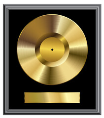 realistic golden vinyl plate in frame, retro music success background - 734855636