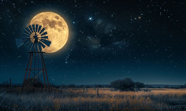 a windmill in a field with a full moon in the sky
