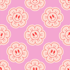 Seamless vector pattern with happy flower stickers. Cute daisy with smiling face on background. Positive groovy graphic for wallpaper, wrapping paper, textile design. Naive art emoji