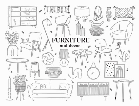 Fototapeta Set of outline interior design objects. Line armchair, couch, dresser, lamp, plant, candle, mirror and decor. Sketch drawings of modern furniture in scandinavian style. Vector graphic