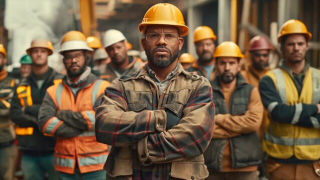A handful of confident construction workers in safety gear stood with their arms crossed. It shows teamwork and professionalism in the industry.