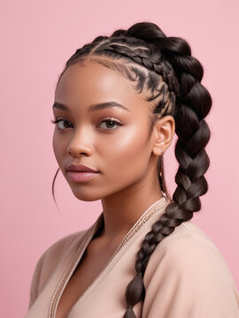 Black woman, with intricate braided hair and a light-colored top