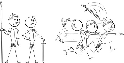 Group of Weak Men Running Away in Fear From Strong Warriors, Vector Cartoon Stick Figure Illustration - 734857246