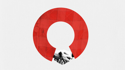 Contemporary art collage. Uniting joint forces and opportunities for business development. Shaking...