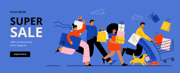 A crowd of happy people is running with purchases. Sale, shopping goods with low prices, and consumerism concept. Vector flat illustration for web banner, or promo.