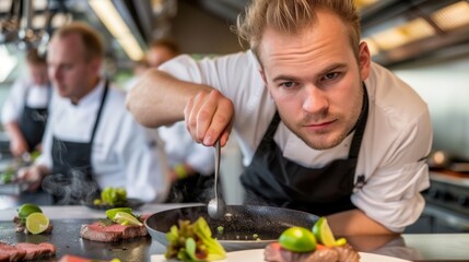 Fototapeta premium a photo of a male chef in a modern restaurant. He is carefully plating a dish. We can see other chefs blurred in the background