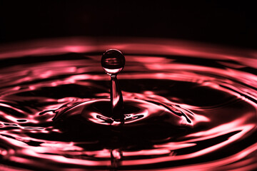 Droplet of water macro view. Drop of liquid falling on ared black water surface. macro view - 734858080