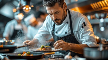 a photo of a male chef in a modern restaurant. He is carefully plating a dish. We can see other chefs blurred in the background