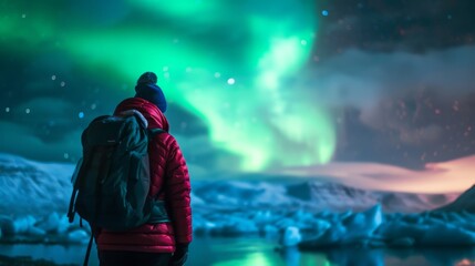 Obraz premium Person in winter gear observing colorful aurora borealis over a snowy landscape. Fits with exploration and natural wonder themes.