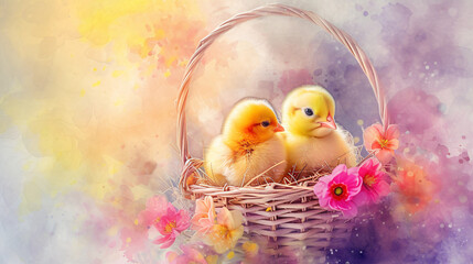 Easter basket with chick - obrazy, fototapety, plakaty