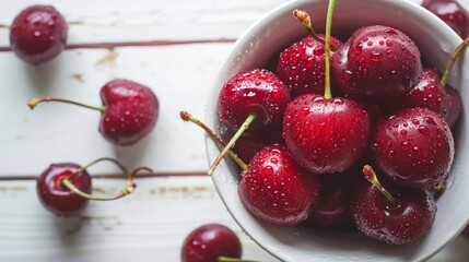 Close-up of dewy cherries in a bowl, white wooden background, ideal for concepts of fresh produce and healthy eating.