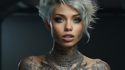 portrait of a woman, portrait of beautiful girl with tattoo, short white hair.