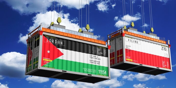 Shipping containers with flags of Jordan and Poland - 3D illustration