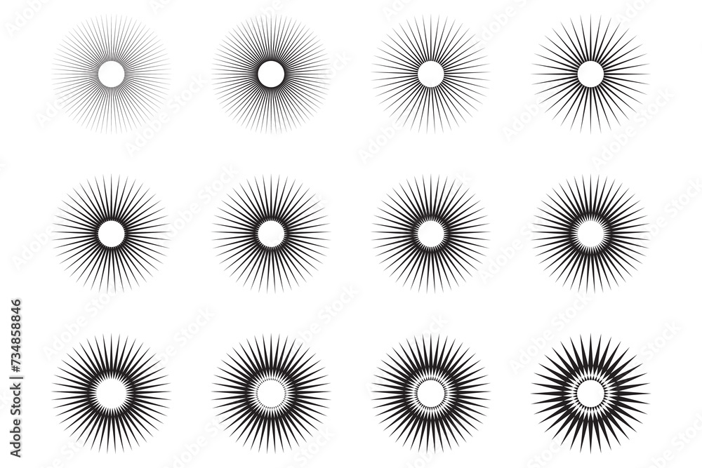 Poster sunburst icon set. sunburst design elements collection. circular beams vector. sun rise light round 